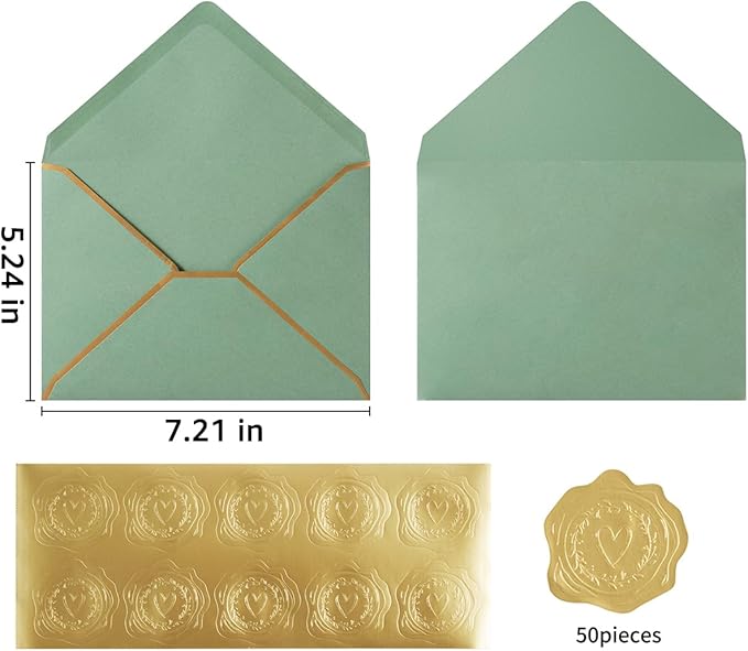50 Pieces A7 Envelopes with Gold Border, 5.24 x 7.21 Inches Envelopes with Gold Stickers for Greeting Cards and Invitation (Sage Green, A7-5x7)