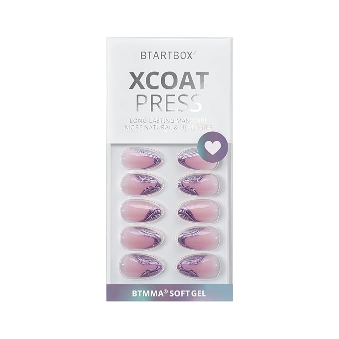 BTArtbox French Tip Press On Nails - Lamp-Curable Chrome Short Almond Press On Nails with Glue for Women, Semi-Transparent Soft Gel Glue On Nails in 16 Sizes - 32 Stick On Nails Kit, Mermaid Tail