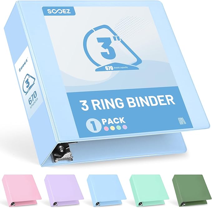 Sooez 3 Ring Binder 3 Inch, Large Binder with Pockets, Light Blue, 8.5"x11" | Holds 670-Sheet of Letter Paper, Extra Durable, PVC-Free, Clear View Cover, Interior Pockets, Eco-Friendly, School, Office