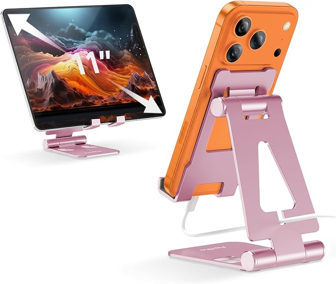 Aoviho Foldable Cell Phone Stand for Desk, Holder for iPhone,Pink | Folds Flat for Easy Storage, Hands-Free Viewing, Fits iPhone 17/16/15 Series & Samsung Galaxy, Ideal for Office & Home