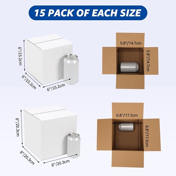 CRUGLA Assorted Sizes Shipping Boxes 30 Pack (8x8x8, 6x6x6), White Corrugated Cardboard Mailers, Each 15 PCS Small Boxes for Small Business Packaging, Shipping & Storage