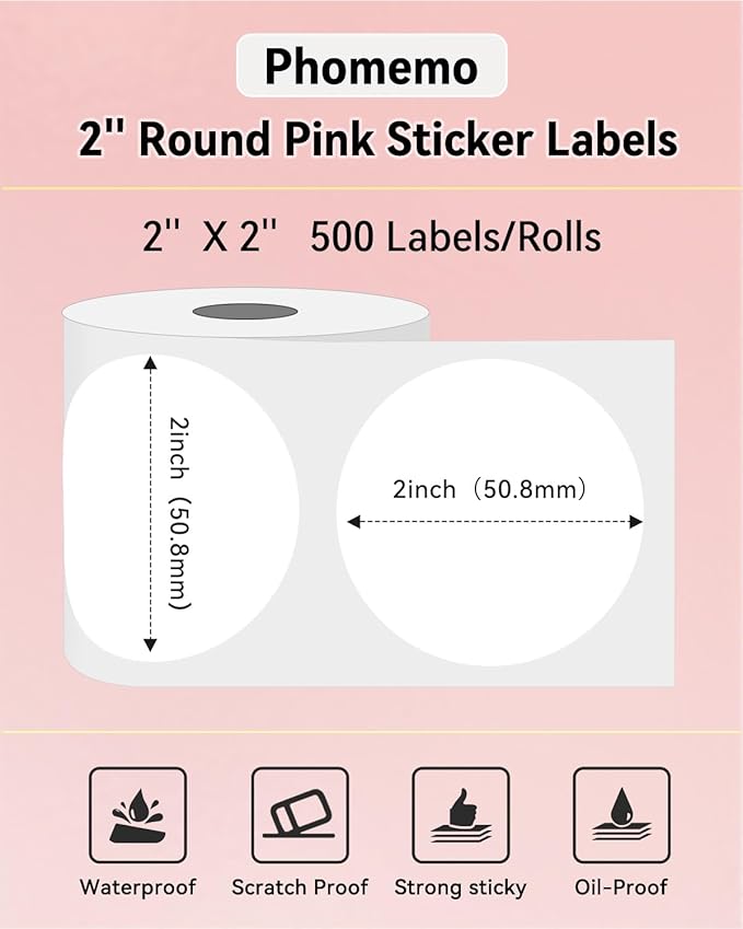 Phomemo Genuine 2” White Circle Thermal Labels, 2x2 Self-Adhesive Round Sticker Label, Circular Direct Labels Compatible with Phomemo 241bt, Labels Printer, 750 Labels/Roll, White,Commercial Grade