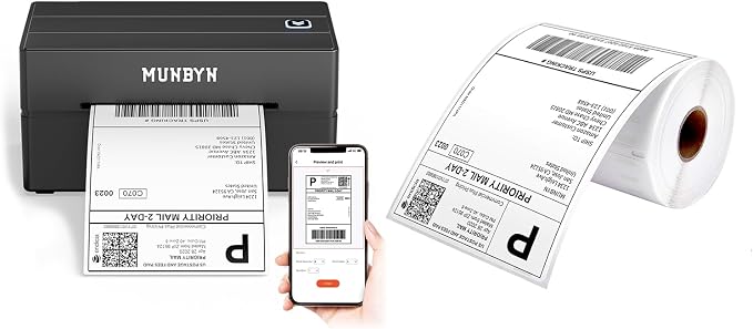 MUNBYN 130B Bluetooth Thermal Label Printer+4"x6" Direct Thermal Shipping Label 220 Labels/Roll