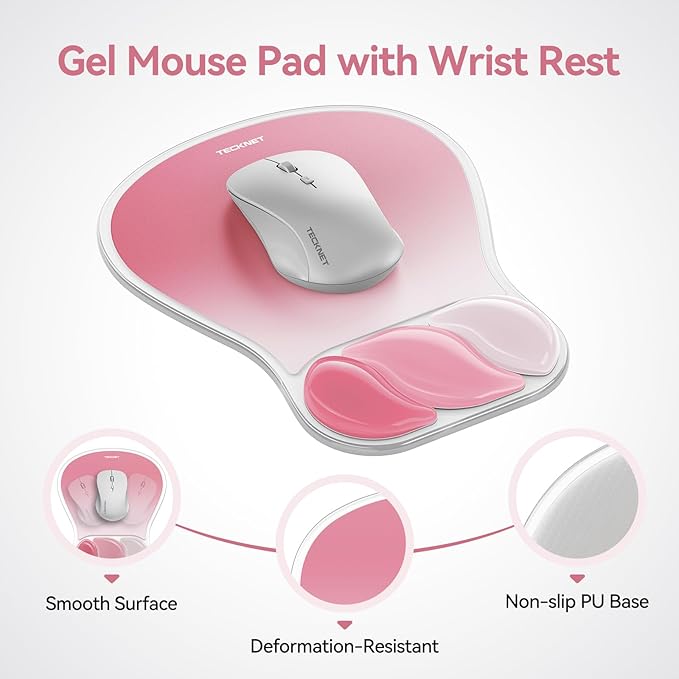 TECKNET Gel Ergonomic Mouse Pad, Mouse Pad with Wrist Rest with Gel Wrist Support for Relieve Wrist Pain Comfortably - Non-Slip Base & Waterproof Surface for Office, Gaming, and Study Comfort - Pink