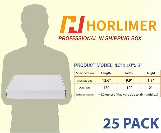 HORLIMER 13x10x2 inches Shipping Boxes Set of 25, White Corrugated Cardboard Box Literature Mailer