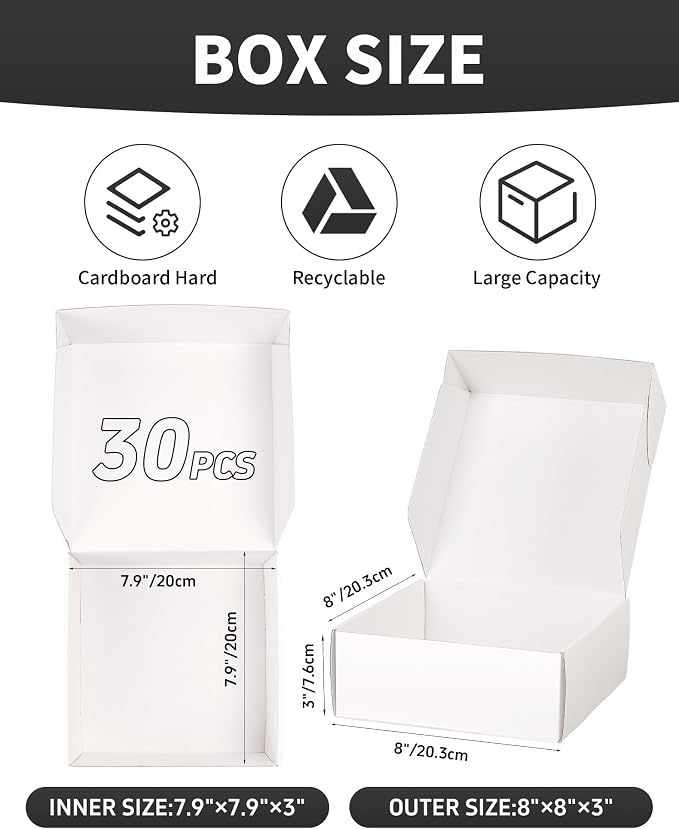 Small Shipping Boxes 8x8x3 Inch 30 Pack, White Mailer Packaging Box, Corrugated Cardboard Boxes for Small Business Gift Literature Shipping
