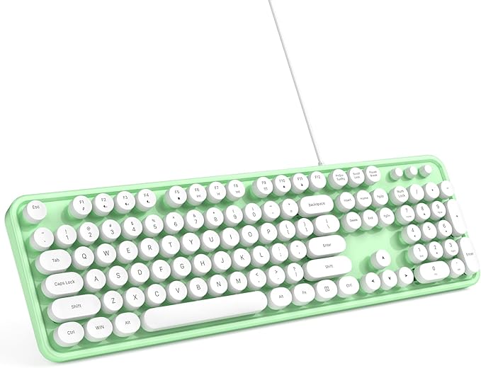 Computer Keyboard Wired, Plug and Play USB Retro Round Typewriter Keyboard, Full Size Wired Keyboard with Foldable Stands for Laptop and Office PC