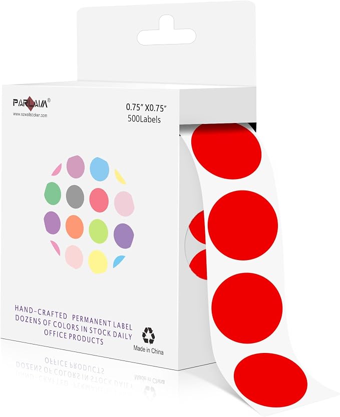 PARLAIM 3/4 Inch Color Coding Label Stickers,500PCS Circle Inventory Sticky Dots Sticker in Dispenser Box,Red Adhesive Round Dot Labels for Office Home (Red)