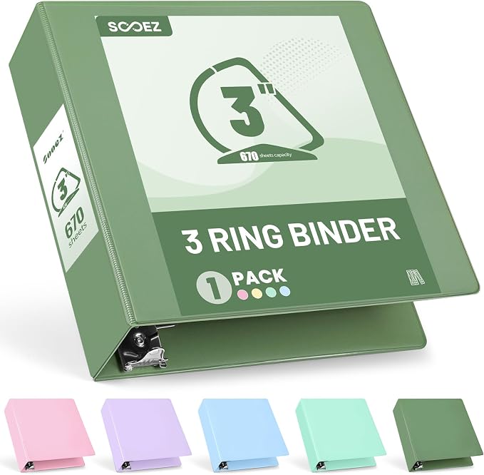 Sooez 3 Ring Binder 3 Inch, Large Binder with Pocket, Olive Green, 8.5"x11" | Holds 670-Sheet of Letter Paper, Extra Durable, PVC-Free, Clear View Cover, Interior Pockets, Eco-Friendly, School, Office