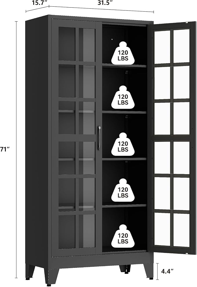 QINPTWUT 71" Tall Glass Door Storage Cabinet, Modern Metal Pantry Cabinet with 4 Adjustable Shelves, Freestanding Display Cabinet for Kitchen, Living Room, Dining Room, Home Office (Black)