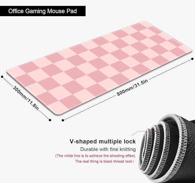 Pastel Pink Desk mat, Checkered Pattern Extra Large Mouse Pad, Desk Protector Pad, Writing Mat for Work Home Decor, Non-Slip Rubber Gaming Mouse Pads for Computer Laptop, 31.5 X 11.8 in