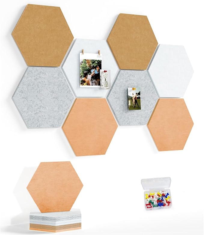 8-Pack Hexagon Felt Bulletin Board Tiles, Cork Board Alternative | For students and teachers creating vision boards in homes, offices, dorms or classrooms; includes 30 push pins.
