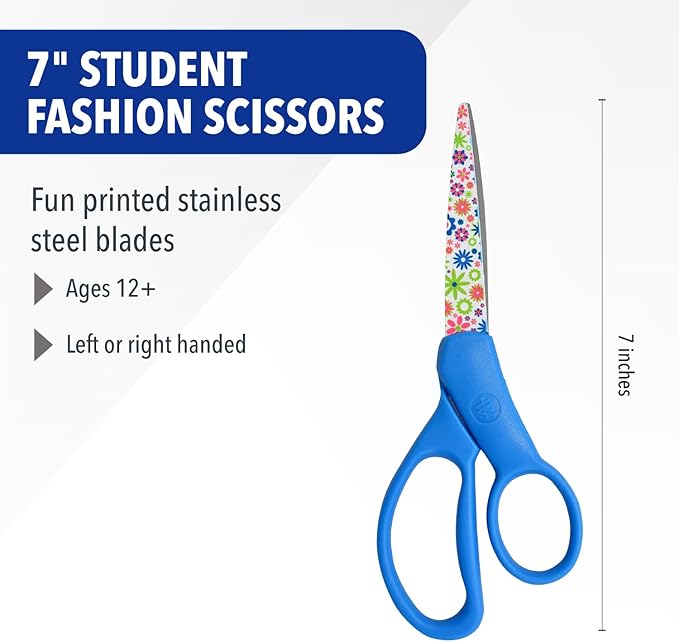 Westcott School Scissors for Kids Ages 12+ and Up - Back to School Essentials and Classroom Supplies - 7-Inch Pointed Student Scissors - for Right- or Left-Handed Use - Floral Printed - 1 Pack