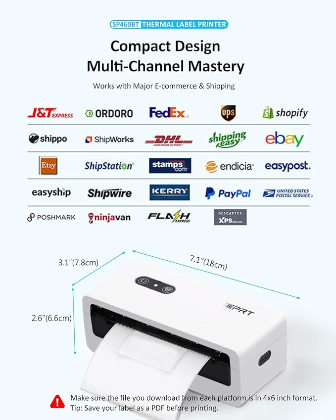 Bluetooth Thermal Shipping Label Printer, 4x6 Wireless High-Speed Label Printers for Small Business, Compatible with Android, iPhone, Windows & Mac, Widely Used for Tiktok, Shopify, USPS, SP460BT
