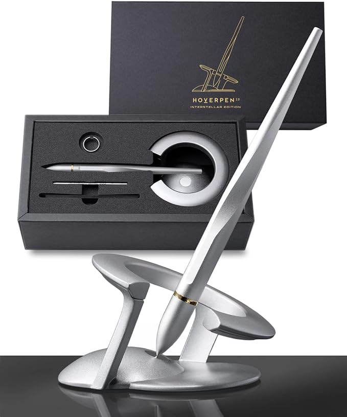 novium Hoverpen Interstellar - Luxury Pen Made With Aerospace Alloys | Unique Aesthetic, Free Spinning Executive Pen, Desk Decor (Starlight Silver, 18K-Gold)