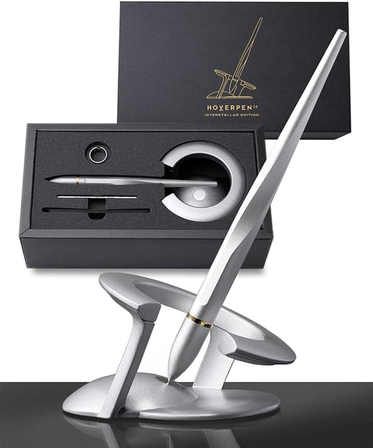 novium Hoverpen Interstellar - Luxury Pen Made With Aerospace Alloys | Unique Aesthetic, Free Spinning Executive Pen, Desk Decor (Starlight Silver, 18K-Gold)