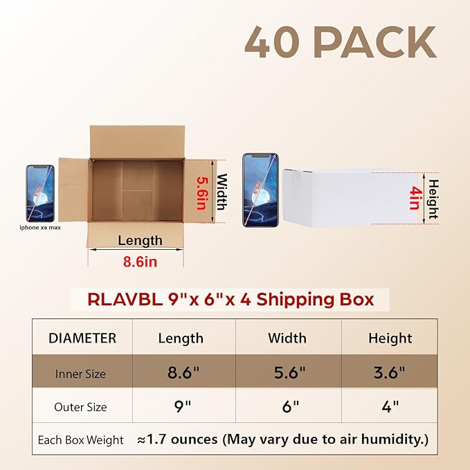 RLAVBL 9x6x4 Shipping Boxes Set of 40, White Corrugated Cardboard Box for Packing, Mailing, Business