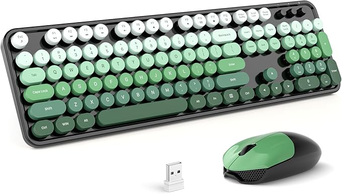 MOFII Wireless Keyboard and Mouse Combo, Retro Full Size Typewriter Keyboard with Number Pad and Sport Car Mouse for PC Computer Desktop Laptop Windows (Black Green)