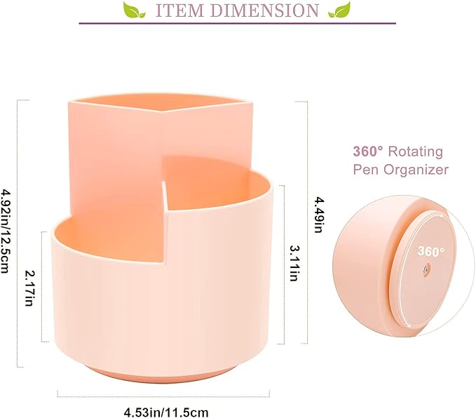 Siveit Desk Pencil Pen Holder, Desk Organizers 3 Slots 360-Degree Rotating Pen Holder for Desktop Storage Stationery Supplies Organizer, Home, Office, School, Kids, Peach Pink