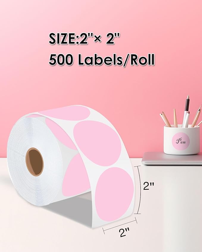 2 Inch (50.8mm x 50.8mm) Round Thermal Sticker Labels, Self-Adhesive Circle Direct Thermal Label, Multi-Purpose Roll Sticker for DIY Logo Design, QR Code, Name Tag, Roll of 500 Labels, Pink