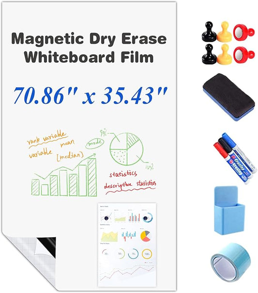 Self-Adhesive Dry Erase Whiteboard Sticker, 70.86" x 35.43" Magnetic Receptive White Board Wall Film, No Ghosting, Easy Write & Clean | Peel & Stick for Office, Home & Classroom,Incl. Accessories