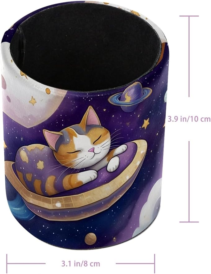 Leather Pen Holder for Desk, Planet Cat Pencil Cup Pen Organizer Makeup Brush Holder for Office Home Kids Countertop Desk Accessory Storage