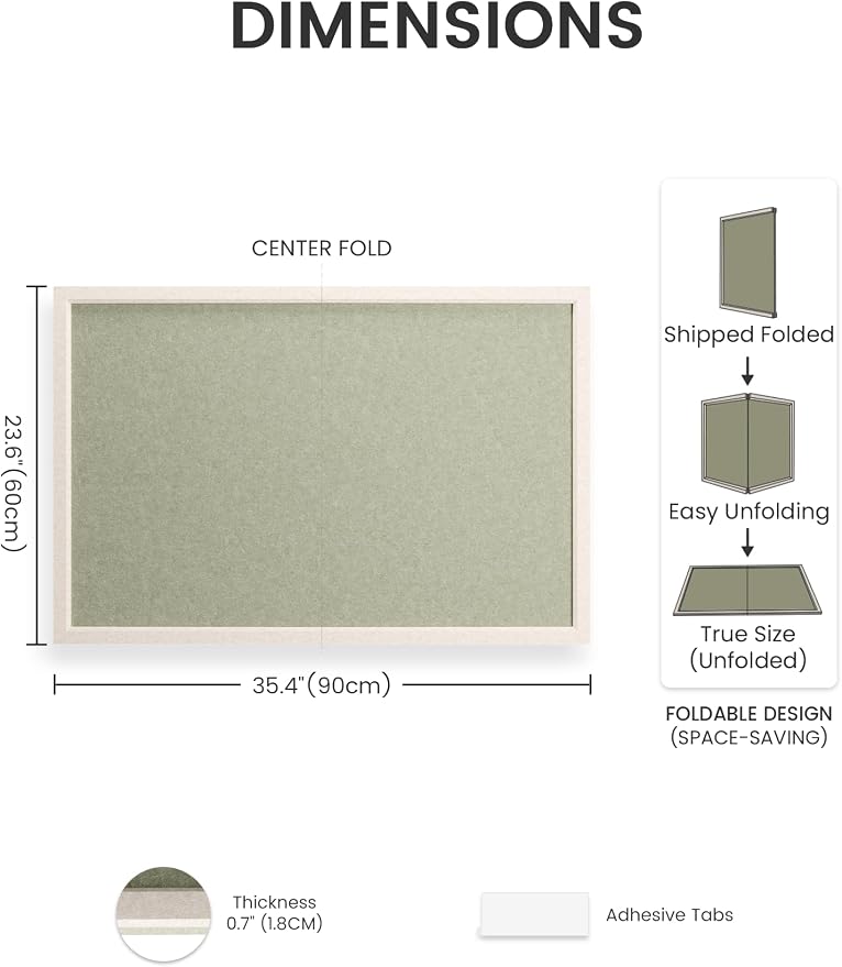 Fluxynara 35.4" x 23.6" Felt Frame Bulletin Board, Sage | Cork Board Alternative with 24 Removable Adhesive Tabs, Foldable Pin Board for Wall, Home, Office, Classroom & Dorm