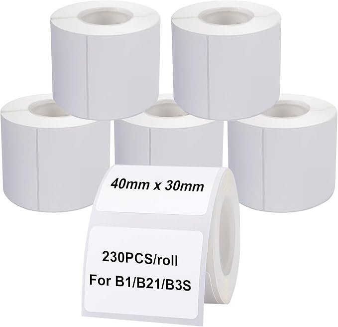Thermal Labels Maker Tapes for B21/B3S/B1 Printer 1.57" X 1.18" (40 X 30mm) | 230 Labels/Roll,Multi-Purpose Adhesive Labels Sticker Paper for Home Office Small Business Address School,6 Rolls White