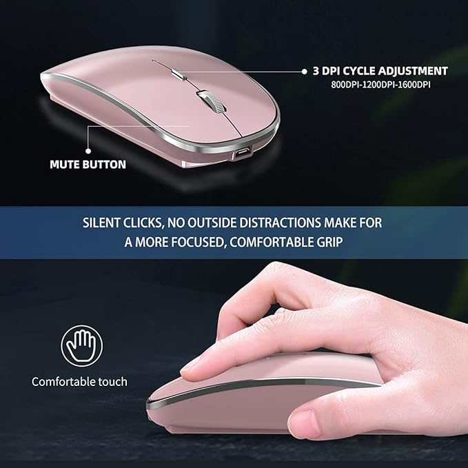 Wireless Mouse Chargeable Portable Silent USB and Type-C Dual Mode Wireless Mouse 3 Adjustable DPI for Laptop, Mac, Android, PC (Q23S Black) (Rose Gold)