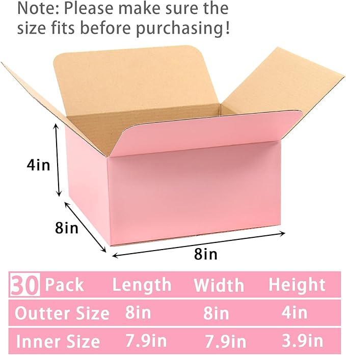 Pink Shipping Boxes Medium 8x8x4 Inches, 30 Pack Corrugated Cardboard Boxes for Packaging Small Business Mailing