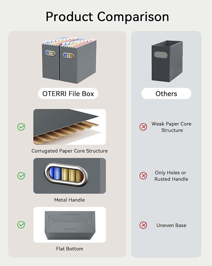 Portable Collapsible Cardboard File Box with Handle for Letter-Size | 8-Pack. Stainless Steel Handle. Label Stickers Included. Fits Letter Folders (Not Included). Home, Office, School, Dorm, Tax.