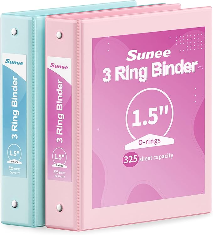 SUNEE 3 Ring Binder 1.5 Inch 2 Pack, Clear View Binder Three Ring PVC-Free (Fit 8.5x11 Inches) for School or Office Supplies, Pink & Blue