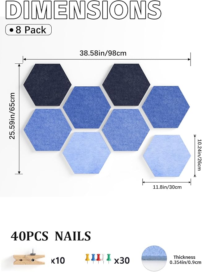 8-Pack Hexagon Felt Bulletin Board Tiles, Cork Board Alternative | For students and teachers creating vision boards in homes, offices, dorms or classrooms; includes 30 push pins.