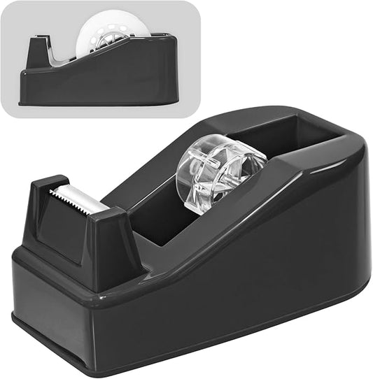 Desktop Office Tape Dispenser, Fits Standard 1-Inch Core Tapes, Weighted Non-Slip Base, Sharp Metal Blade, Smooth Cutting, Adhesive Roll Holder for Office, School, Shop, Home & Business - Black