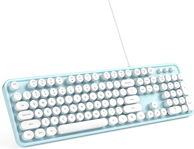 Computer Keyboard Wired, Plug and Play USB Retro Round Typewriter Keyboard, Full Size Wired Keyboard with Foldable Stands for Laptop and Office PC