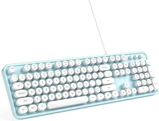 Computer Keyboard Wired, Plug and Play USB Retro Round Typewriter Keyboard, Full Size Wired Keyboard with Foldable Stands for Laptop and Office PC