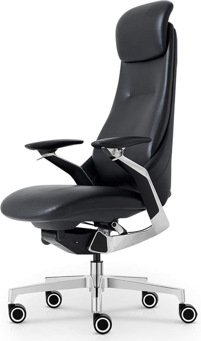 Genuine Leather Executive Office Chair，Top-Grain Cowhide, Ergonomic Design | Adjustable seat and headrest heights, 3-position recline (lockable)—suitable for home offices and high-end office settings.