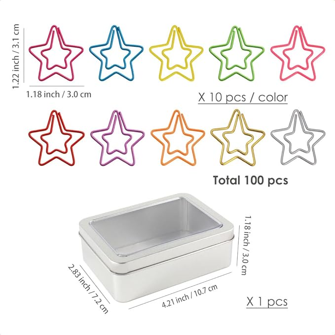 OWLFAVO 100pcs Star Shape Paper Clips with Clear Box, 10 Colors, Funny Cute Paperclips Bookmarks Planner Clips for Fun Office Supplies School Gifts Wedding Decoration