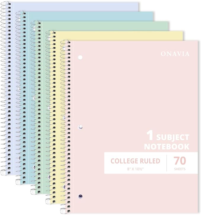 ONAVIA 1 Subject Spiral Notebook College Ruled 5 Pack, 140 Pages, Assorted | 70 Sheets, 8 x 10.5 in, 3-Hole Punched, School Notebook, Writing Notebook, Students, Study