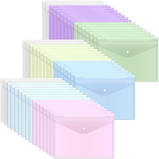 EOOUT 48pcs Plastic Envelopes, Plastic Folders for Documents, Poly Folders with Snap Closure, A4 Size, Letter Size, for School and Office Supplies