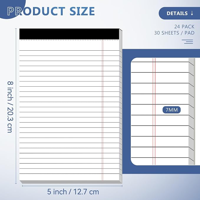 Nichela 24 Pack of Note Pads 5" x 8" Legal Pads 30 Sheets Notepad College Ruled Small Writing Pads Perforated Pages Paper Pads 80GSM Heavyweight Paper Note Pads for Home, Office, or School