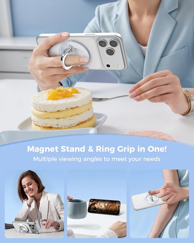 SUPERONE for MagSafe Phone Grip, Adjustable Magnetic Phone Ring Holder | Removable Phone Finger Ring Kickstand，Mag Safe Accessories Only for iPhone 17 - 12 Series, Mag Safe Case - Glitter Silver