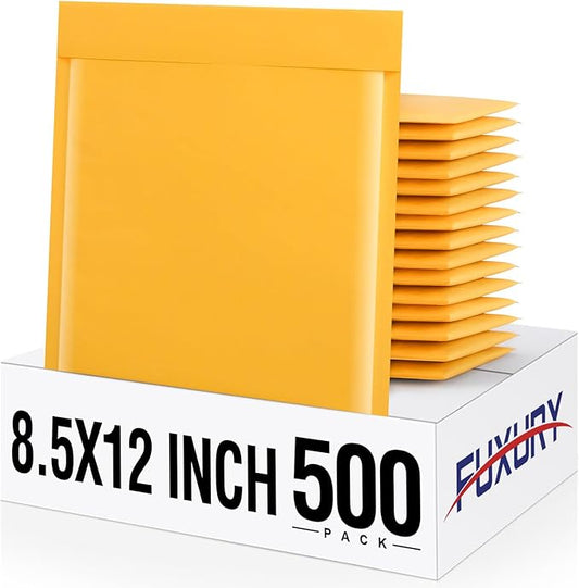 Fuxury Kraft Bubble Mailers 8.5x12 Inch 500 Pack Strong Adhesion Padded Envelopes #2 Self Seal Bubble Envelopes Padded Mailers Book Mailer Packaging for Small Business,Yellow