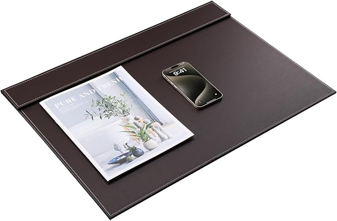 Ultra-Smooth PU Leather Desk Pad & Mat Office Desk Drawing & Writing Board A3/ A4 File Paper Clip Table Protector Mat on Top Large 24''x18'' (Brown)