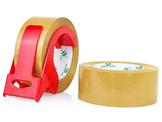 BOMEI PACK Tan Packing Tape with Dispenser, 2.4 Mil 1.88 Inch x 110 Yards, 2 Refills Rolls Brown Tape for Moving, Shipping and Packaging
