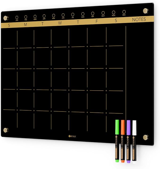Black Glass Golden Monthly Dry Erase Calendar Whiteboard for Wall, 17" x 23", Frameless Large Planner White Board for Home Kitchen Office, 4 Wet Erase Markers Included, Yeoux