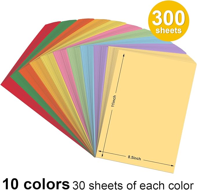 300 Sheets Colored Paper - Multi-Color Copy Paper, 8.5" x 11", 20 lb | 10 Color - Colored Printer Papers - 600 Pages, Assorted Colors, For Office, School, Home