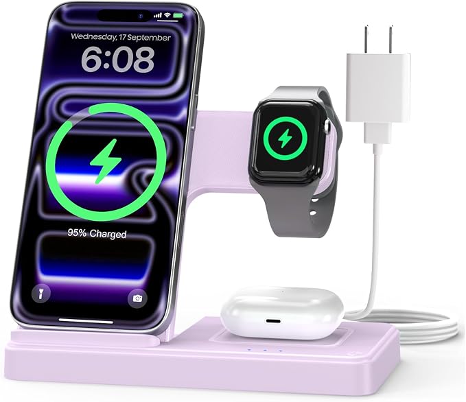 GETPALS Wireless Charger iPhone Charging Station for Apple Multiple Devices | 3 in 1 Charger Stand for iPhone 17 Pro Max 17e 16 16e 15 14 13 12 & Watch Series 11-2 SE Ultra & Airpods 4 3 Pro, Violet