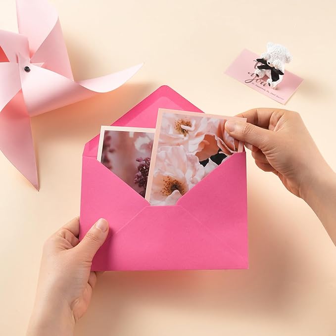 50 Pack Colored A7 Invitation Envelopes 5x7 Pink, 5 1/4 x 7 1/4 in | 5 Colors Envelopes with Gold Stickers For Cards and Invitations