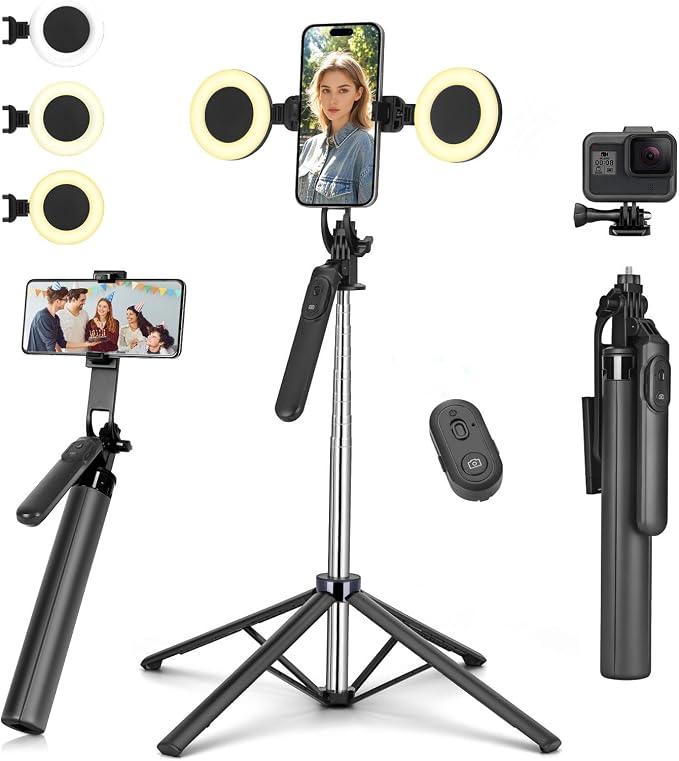 Metal Selfie Stick Tripod for iPhone with Light,70 inch Cellphone Selfiestick with Remote,Phone Tripod Holder for Video Recording,Portable Travel Selfie Stick Compatible with iPhone,Android and Gopro
